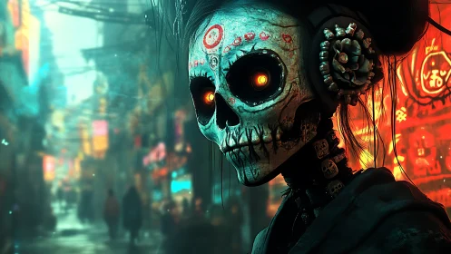 Cybernetic skull geisha glows under neon alley haze.