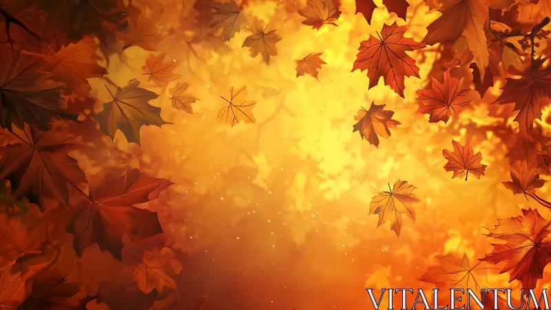 Digital painting of drifting autumn maple leaves in warm glow.