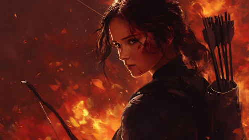 Archer in three-quarter profile against turbulent inferno backdrop