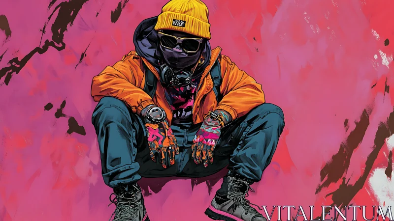 Urban streetwear drifter in neon palette against pink wall.