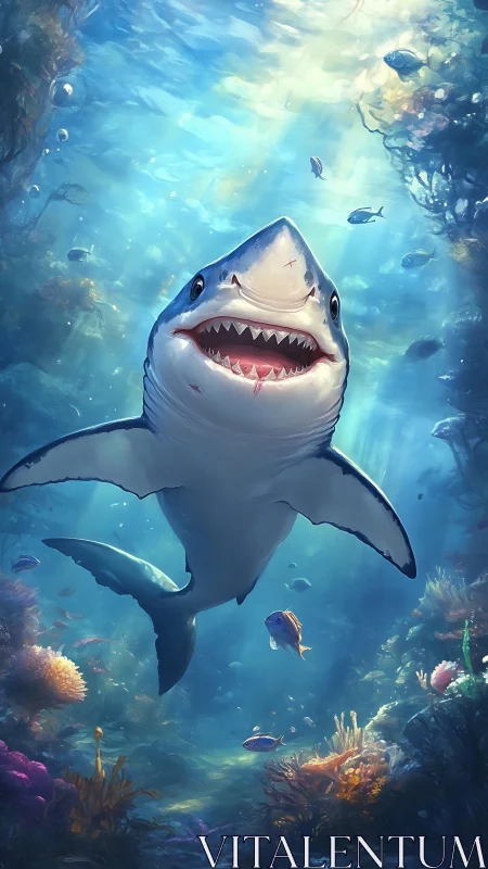 Smiling cartoon shark swims upward through sunlit reef