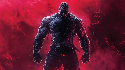 Shadowed warrior emerging from fierce red storm of power.