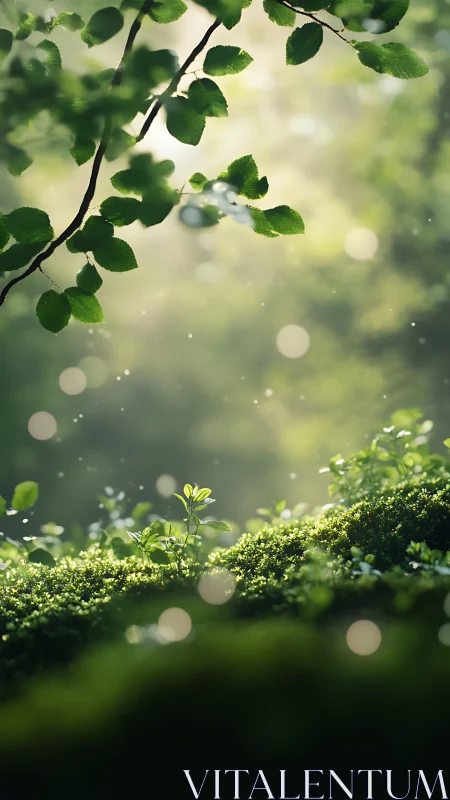 Forest floor vegetation with deciduous branch and diffused bokeh background light