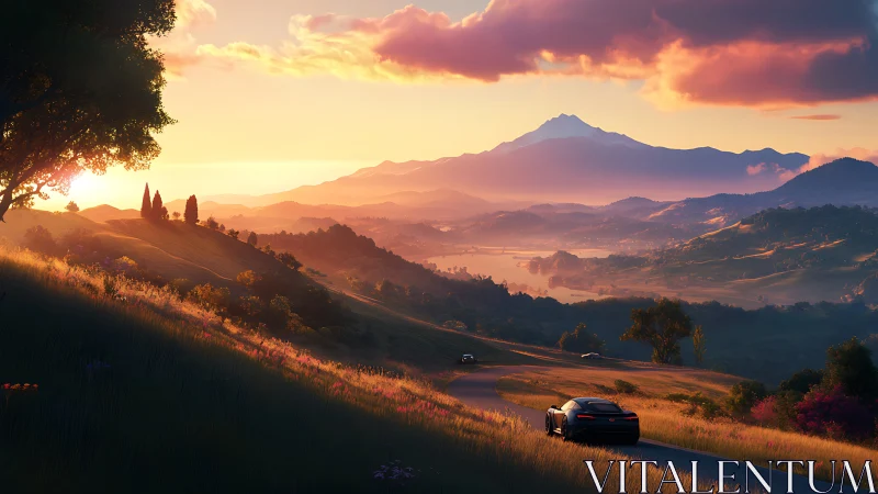 Sports car drives through sunlit valley toward distant mountain