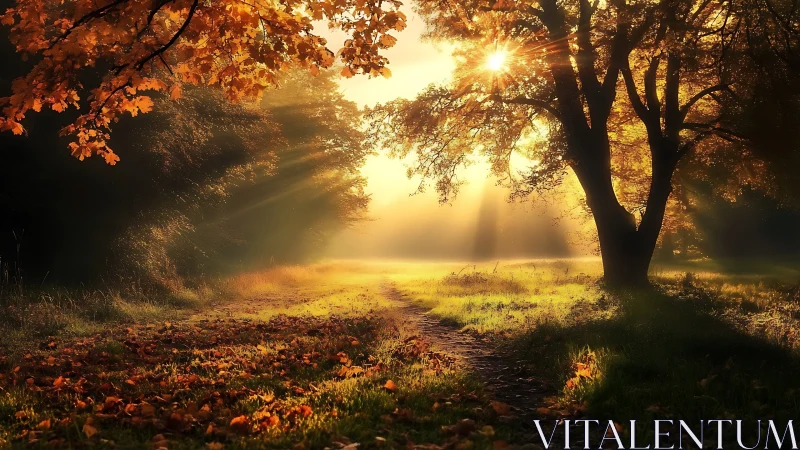 Sunlit autumn path glows warmly beneath golden forest trees