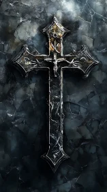 Oxidized gothic crucifix on fractured stone background