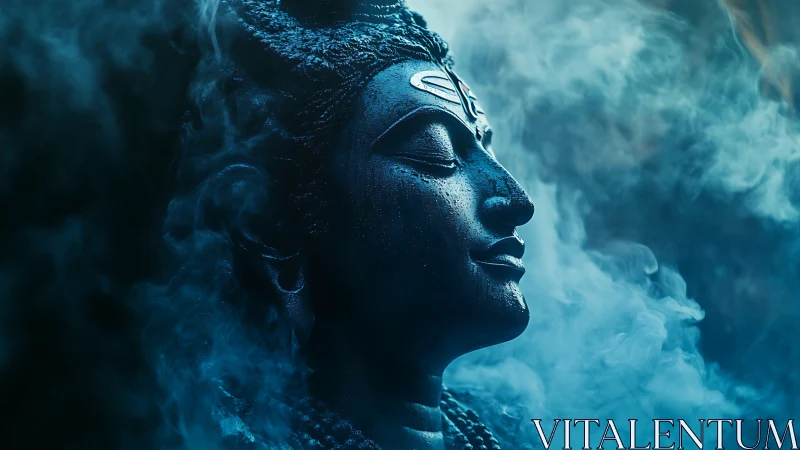 Side profile stone deity head amid dense blue atmospheric smoke.