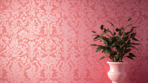 Digital damask wall with potted foliage in soft pink interior.