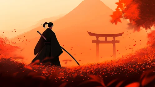 Samurai silhouette in vermilion autumn field before torii gate.