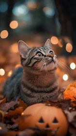 Tabby Cat Looking Upward Among Autumn Leaves and Pumpkins