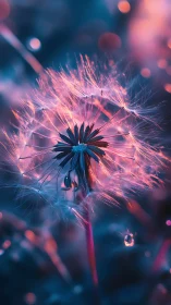 Luminous dandelion seed head in neon dusk bokeh glow.