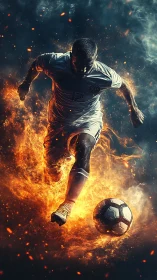Fiery soccer striker charges forward in blazing motion.