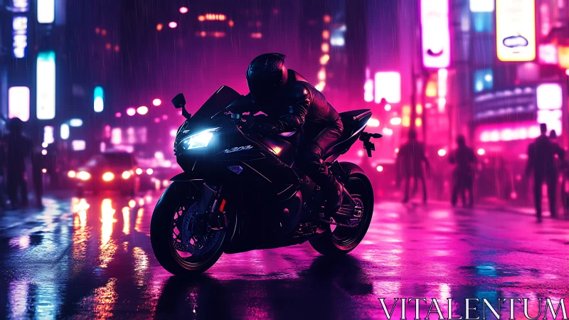 Neon-lit superbike accelerates through rain-soaked cyberpunk street