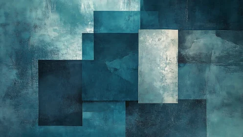 Layered teal rectangles form textured geometric abstract structure