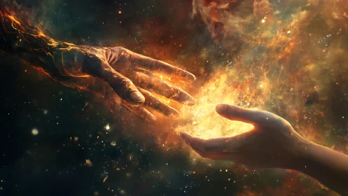 Celestial hands exchange radiant cosmic energy in deep space