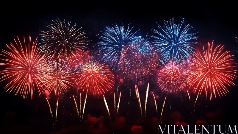 Red and blue fireworks exploding against a dark night sky