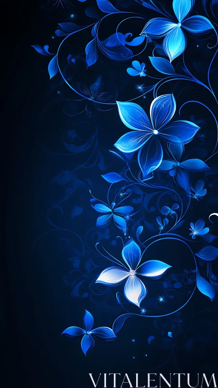 Bioluminescent Floral Composition with Radiant Blue Petals and Luminous Effects