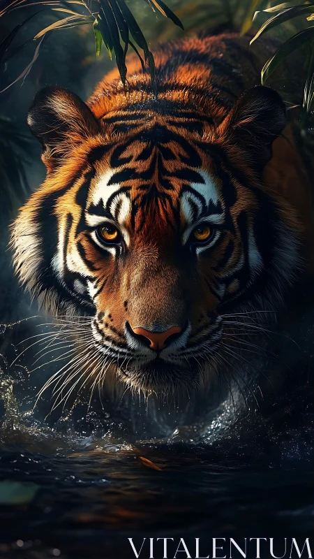 Tiger moves forward through shallow water in dense foliage