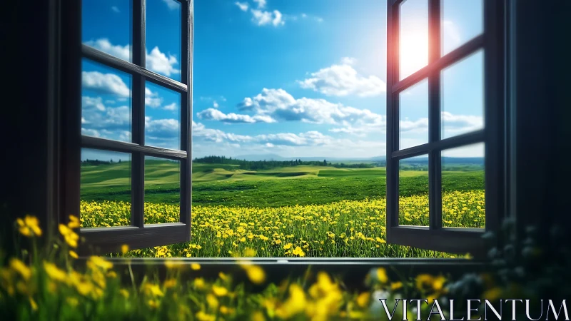 Open casement window framing hyperreal spring meadow panorama.