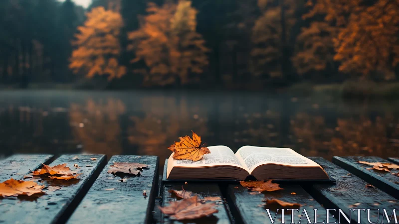 Open book on wet bench by calm autumn lake at dusk.