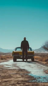 Lone traveler and yellow muscle car on a quiet desert road.