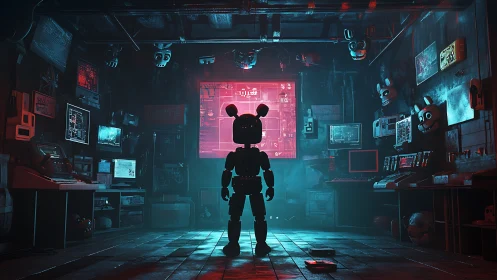 Animatronic silhouette dominates neon surveillance bunker.