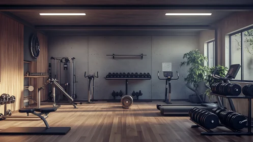 Modern home gym bathed in natural light and warm wood tones.