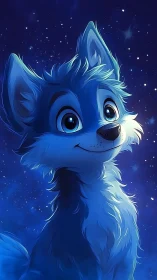 Luminous blue wolf pup under starfield with soft rim lighting.