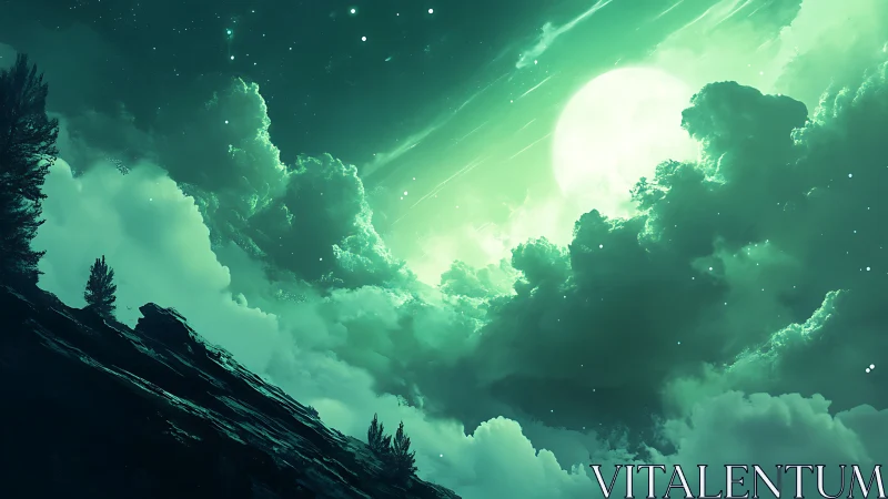 Luminous emerald moonrise behind storm-sculpted clouds.