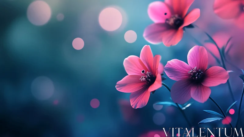 Radiant Pink Flowers Dancing in Dreamy Blue Light