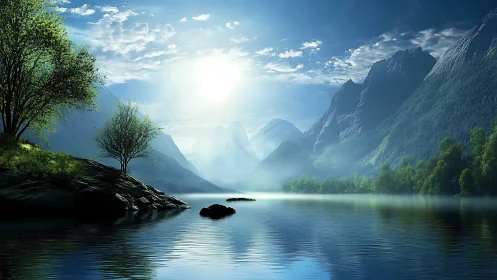 Mountain lake landscape under strong backlit sunlight.