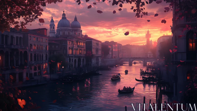 Venetian canal glows under vivid sunset sky with gondolas