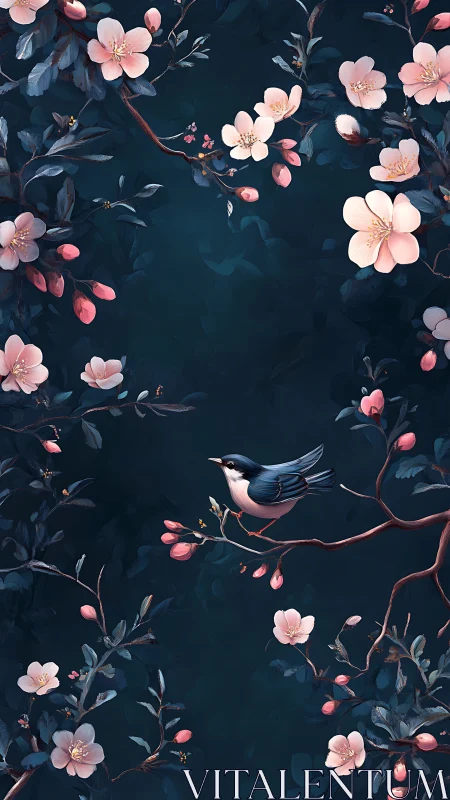 Songbird perched among pink blossoms on dark branches.