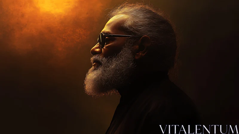 Elder sage in ember light, profile carved from shadow.