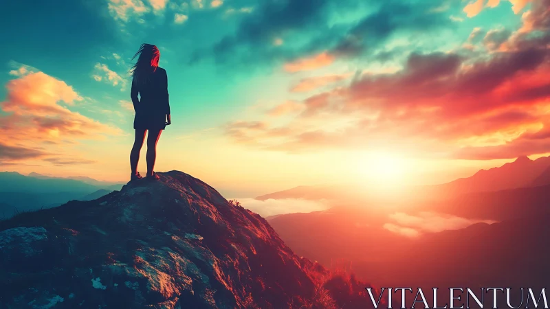 Silhouetted figure stands on rocky peak at vivid sunset