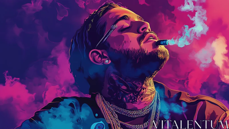 Neon smoke crowns a jeweled rebel in vapor-bright twilight