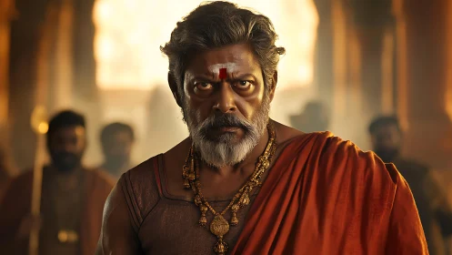 Middle-aged man in traditional attire faces camera indoors