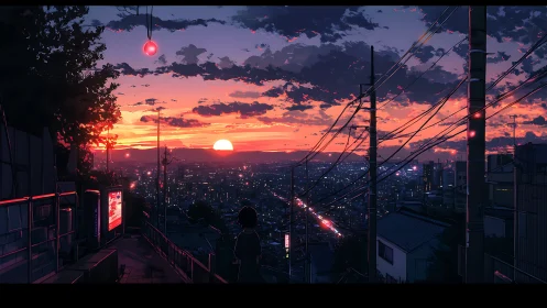 City sunset street glows with neon reflections and wires.