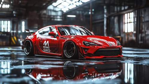 Red widebody drift car dominates wet industrial hangar.