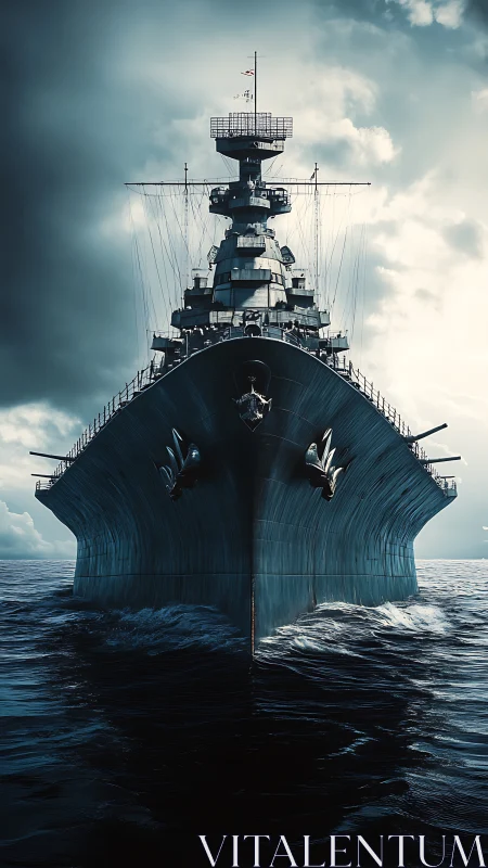 Steel leviathan charges through stormlit ocean silence.