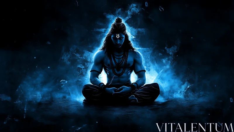 Luminescent meditative deity in high‑contrast blue vortex field.