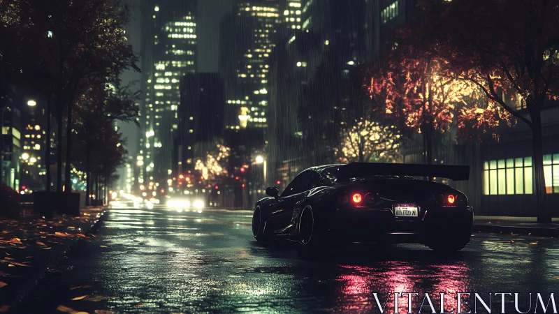 Midnight street racer hums softly through neon-tinted rain