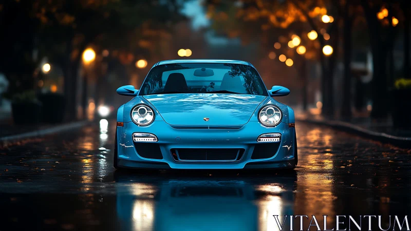 Blue sports coupe reflects city lights on wet boulevard.