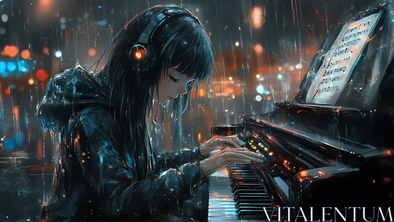 Girl with headphones playing digital piano in rain at night.