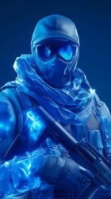 Futuristic blue tactical soldier rendered in 3D detail.