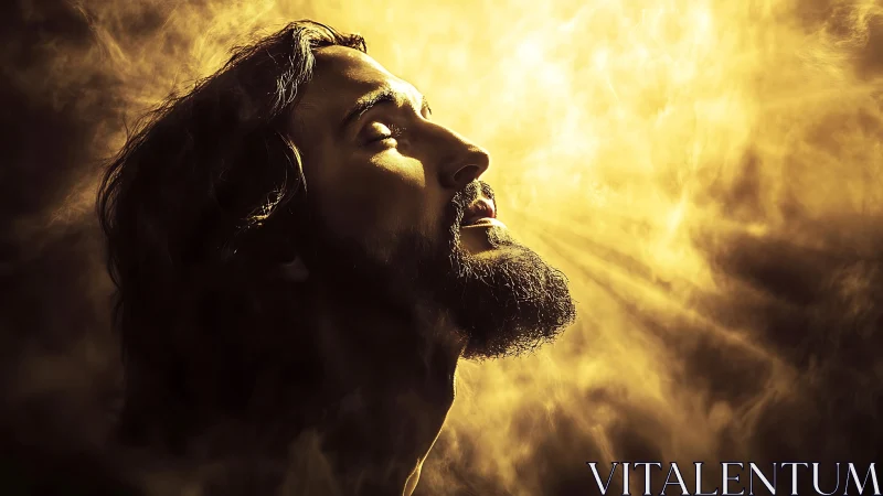 Backlit contemplative profile in volumetric golden haze.