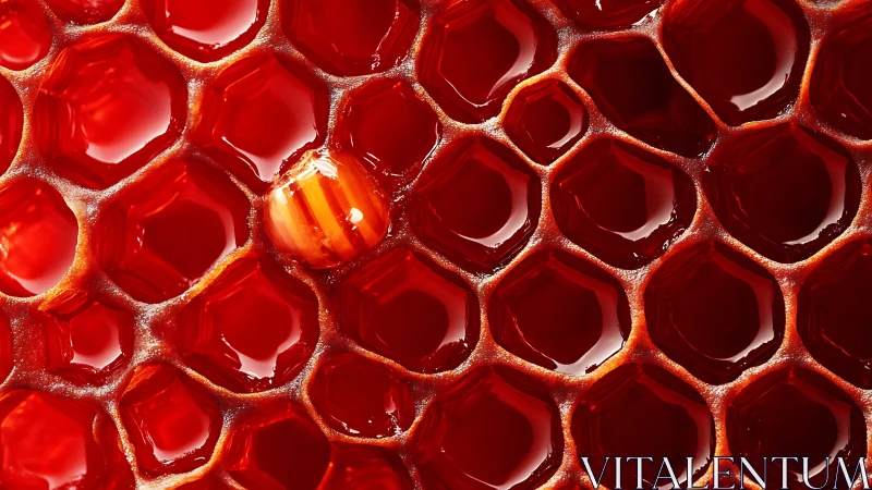 Red honeycomb cells with glossy candy detail macro.