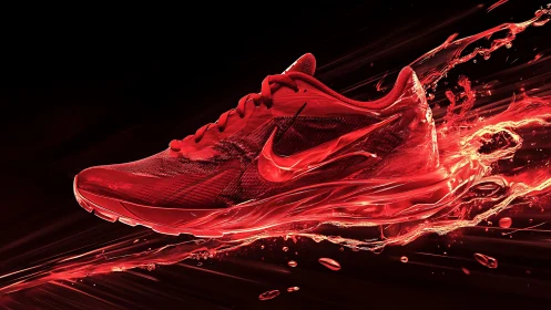 Red performance sneaker in dynamic liquid motion render.