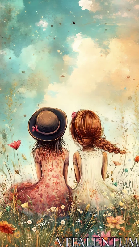 Sky-dreaming friends in a wildflower meadow afternoon.