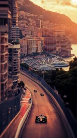Sunset city race track with formula cars and harbor view.